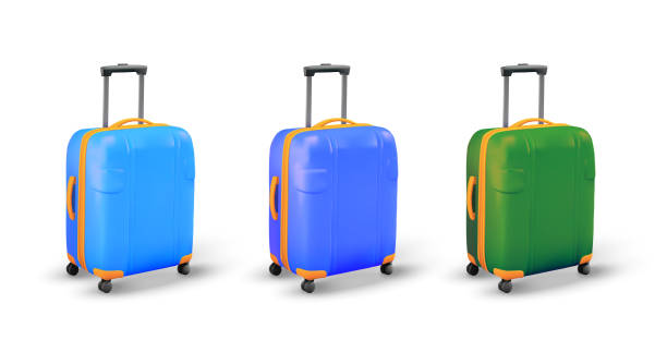 istock 3d holiday suitcases in different color: bright blue, blue and green, isolated on white background. 3d rendered suitcase or luggage in minimal style. Luggage icon. Vector illustration 2101393150