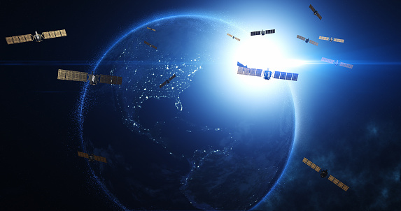 Satellites Flying Around Earth Providing High-Speed Internet and Telecommunication. Industry And Technology Related 3D Render.