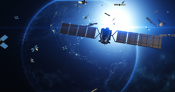 Satellites Orbiting Earth Facilitating Telecommunication and High-Speed Internet. Industry And Technology Related 3D Render.