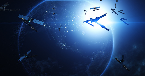 Satellites Revolutionizing Telecommunication and High-Speed Internet. Industry And Technology Related 3D Render.