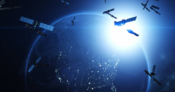 Satellites Enabling Global Telecommunication and High-Speed Internet Satellites Enabling Global Telecommunication and High-Speed Internet. Flying Around Planet Earth. Industry And Technology Related 3D Render. broadband isp stock pictures, royalty-free photos & images