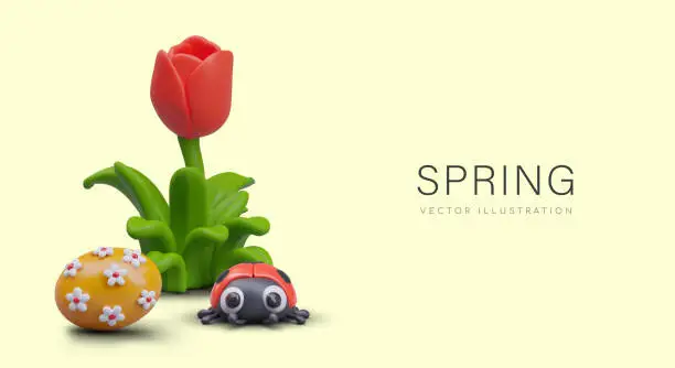 Vector illustration of Cute spring horizontal concept in realistic style. Red tulip in fresh grass, ladybug, egg