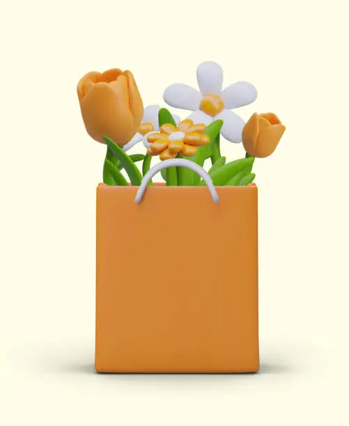 Vector illustration of Realistic orange gift bag with flowers. Vector mockup of packaging, place for logo, text, price