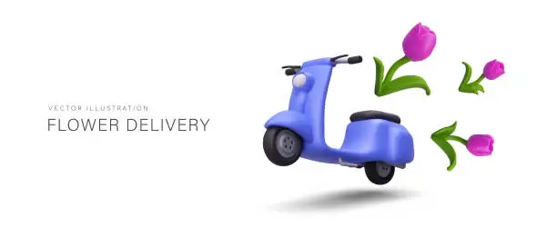 Vector illustration of Vector concept for advertising flower delivery. 3D scooter speeding forward