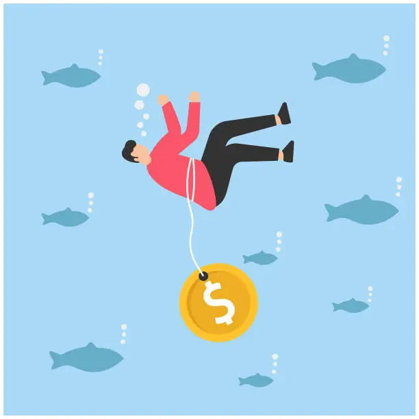 Vector illustration of Sunk cost investment problem, Cost that has already been incurred and effect investing decision, Psychology or money loss aversion, Drowning with sinking dollar money