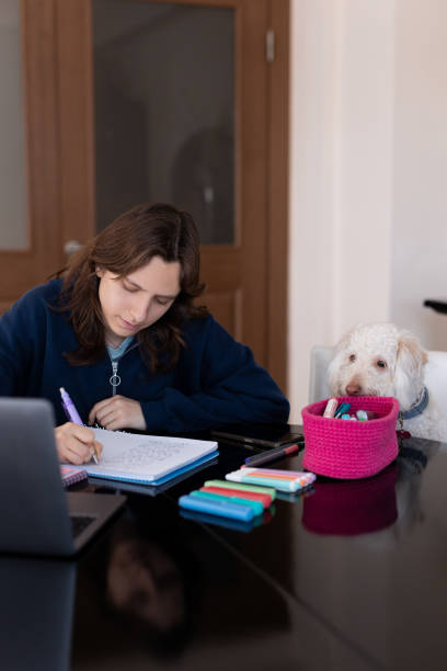 istock a young girl is studying with her dog 2101417041