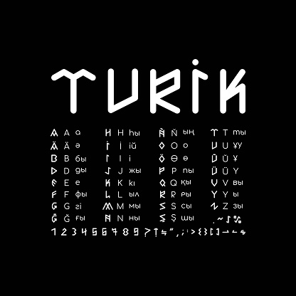 In this alphabet, there are numbers and other symbols. Runic letters are accompanied by Latin and Kazakh letters