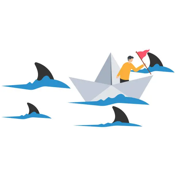 Vector illustration of Risk taker, Threats or challenge to success, Overcoming difficulty or problem in crisis, Determination or adversity, Ship among danger threat sharks