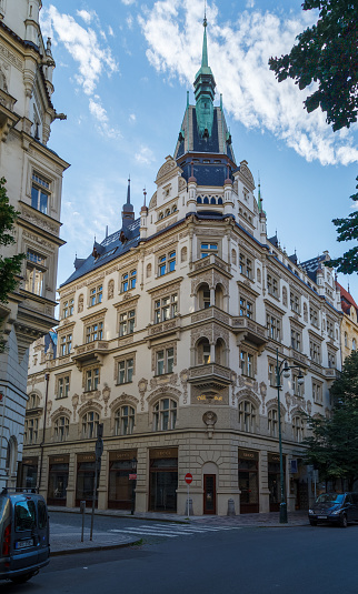 The facade of the historical buidlings on a corner of old town Prague, Czech Republic.