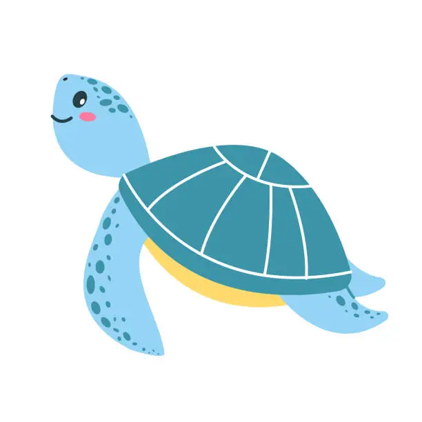 Vector illustration of Cute sea turtle on a white background. Marine animals, ocean fish. Vector