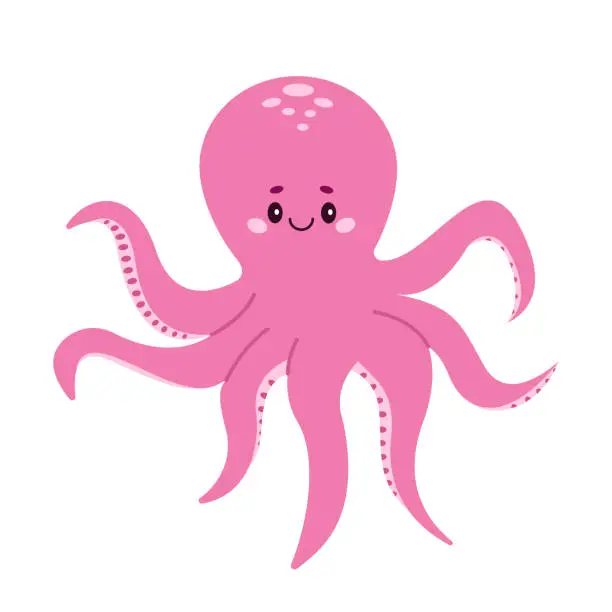 Vector illustration of Cute pink octopus. Marine animals, ocean fish. Vector illustration