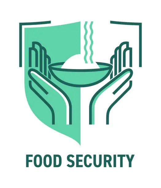Vector illustration of Food security - hands holding plate inside shield