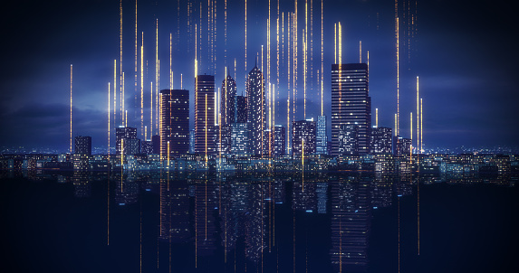 Modern City Controlled By Smart Artificial Intelligence. Glowing Wireless Data Lines. Technology Related 3D Render.