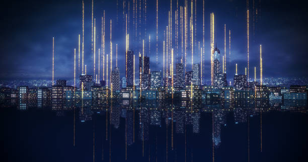istock Flying Over Smart City With Glowing Wireless Data Lines. 2101439950