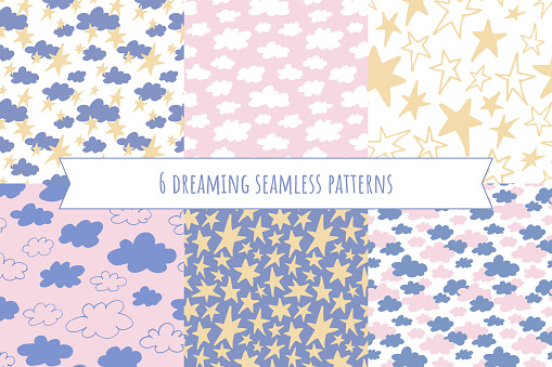 Set of 6 simple dreamy seamless patterns with hand drawn clouds and stars. Creative abstract design for kids. Simple wallpaper prints collection.