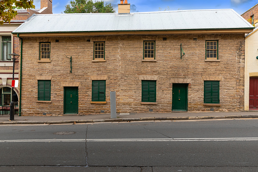 Sydney Rocks precinct on the shore of Sydney Harbour historical architecture from the first fleet settlement over 200 years ago. Buildings made from sandstone blocks small narrow streets NSW Australia