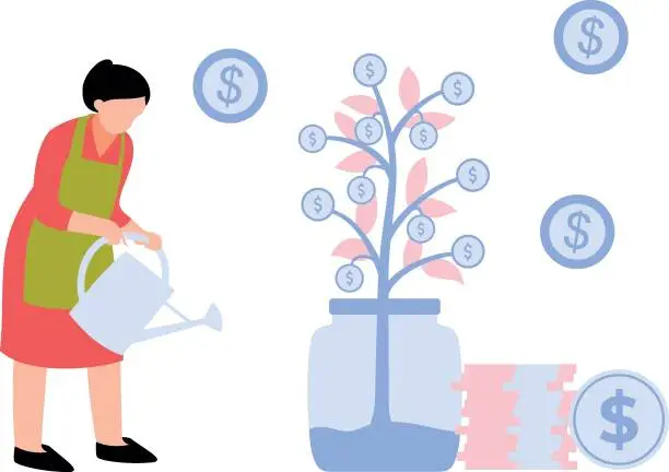 Vector illustration of The girl is watering the dollar plant.