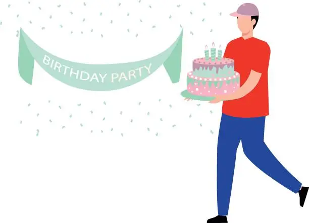 Vector illustration of A delivery boy is carrying a birthday cake.