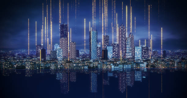 istock Flying Through Smart City. Crowded Modern City. Glowing Wireless Data. 2101445566