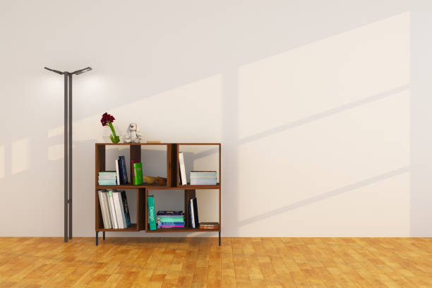 Modern minimalist interior with bookshelves on empty wall background.