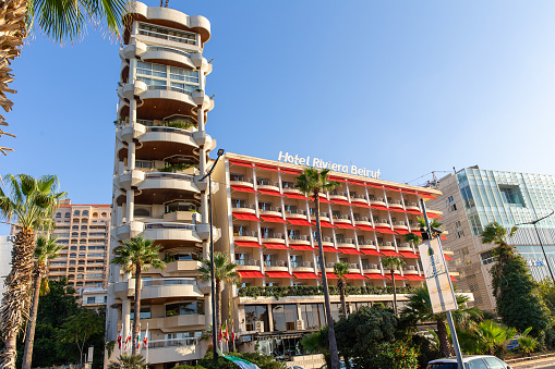 Beirut, Lebanon - September 27, 2023: Hotel Riviera Beirut on the on the popular Corniche boulevard of Beirut. Lebanon