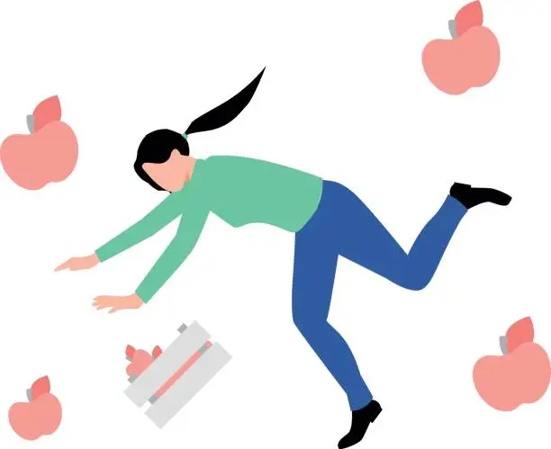 Vector illustration of The girl fell with a basket of apples.