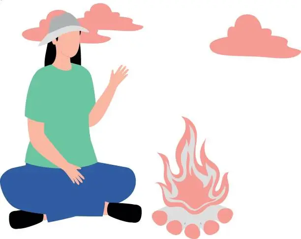 Vector illustration of The girl is sitting by the bonfire.