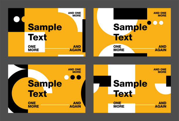 Business cards set in bold minimalism, seamless Business cards set in bold minimalism style, 4 versions. Yellow and black colors, sample text and background as a seamless pattern. contact sheet background stock illustrations