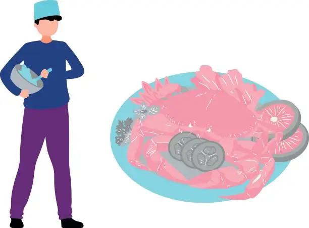 Vector illustration of The boy prepares a crab dish.