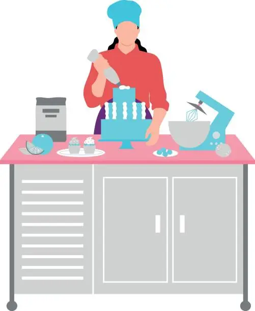 Vector illustration of The girl is topping the cake.