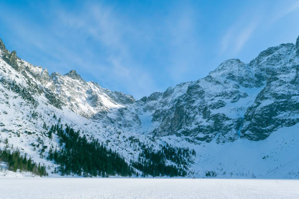 Contrails over snow-capped mountains. Rocky peaks and trees. Tatra Mountains, Poland, Europe.