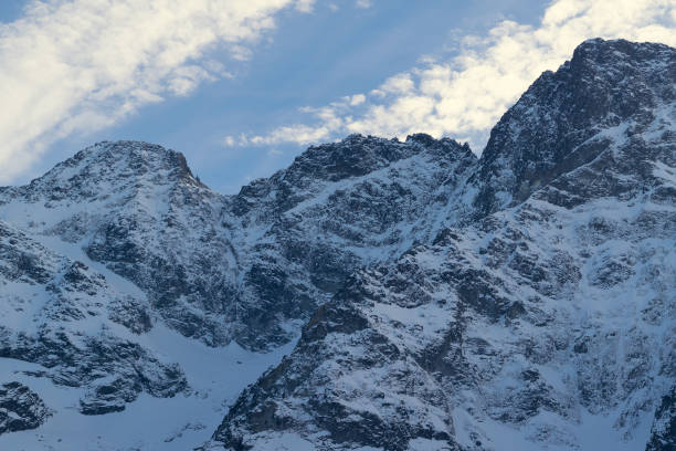 Snowy mountain peaks. Beautiful winter landscape in the mountains. Stone cliffs.