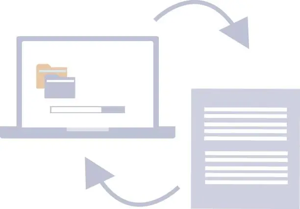 Vector illustration of The laptop converts the data into a document.