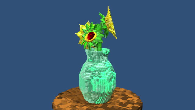 Three yellow sunflowers growing in a turquoise vase on round wooden table in pixel style against dark blue background