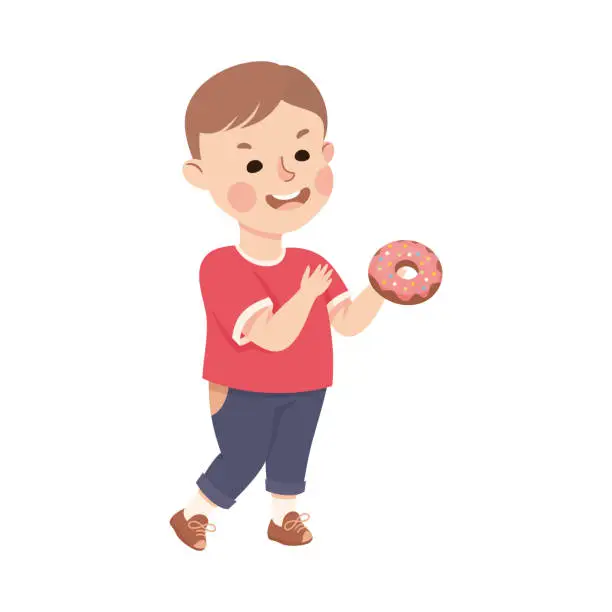 Vector illustration of Funny mischievous boy holding glazed donut cartoon vector illustration