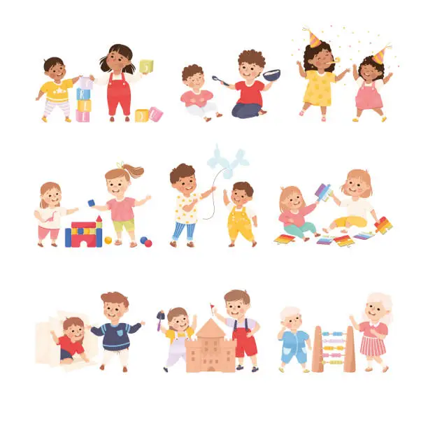 Vector illustration of Happy cute kids playing together. Brothers and sisters having fun at party, building sandcastle, playing toy blocks cartoon vector illustration