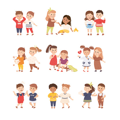 Little Boy and Girl Supporting and Comforting Crying Friend Vector Set. Kind Child Soothing and Consoling Agemate Feeling Empathy Concept