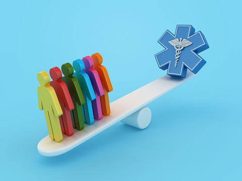 Medical Symbol Caduceus with Pictogram People on Seesaw - Color Background - 3D Rendering