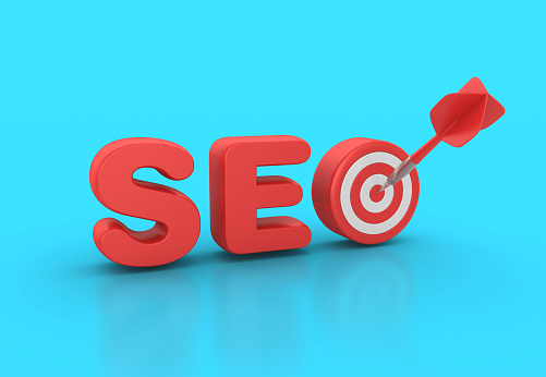 SEO 3D Word with Target and Dart - Color Background - 3D Rendering