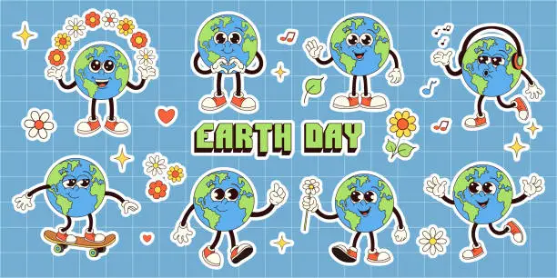 Vector illustration of Groovy Earth stickers set. Earth day.