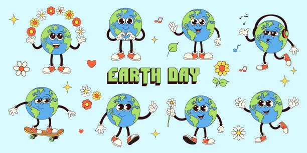 Vector illustration of Groovy Earth mascot characters set. Earth day.