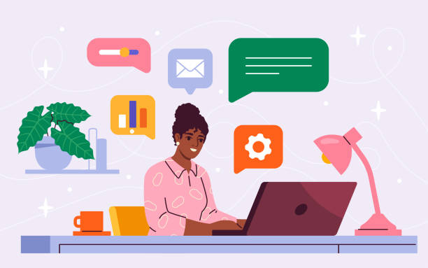 Digital multitasking vector concept Digital multitasking concept. Woman with laptop. Time management and organizing effective work process. Hardworking employee. Cartoon flat vector illustration isolated on pink background multi tasking stock illustrations