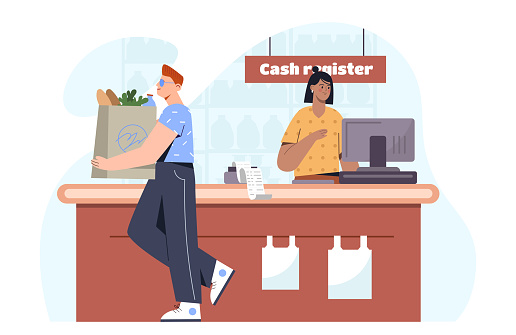 Cash register concept. Man with package with groceries. Client in store or shop. Vegetables and baguette. Customer and seller. Cartoon flat vector illustration isolated on white background