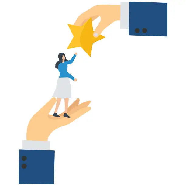 Vector illustration of Employee success recognition, Encourage and motivate best performance, Cheering or honor on success or achievement, Standing on big hand getting star reward