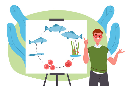 Biologist with fishes concept. Biology and wildlife and fauna. Young guy with pointer. Education, learning and training. Cartoon flat vector illustration isolated on white background