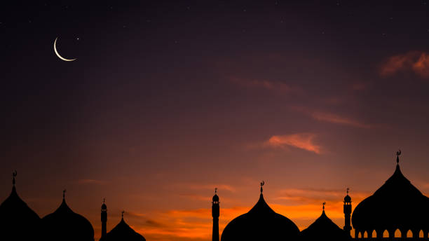 istock Islamic background,Ramadan Kareem design with Silhouette Dome Mosques,Crescent Moon on Sunset Sky,Vetor Ramadhan Night with twilight dusk sky for Islamic religion,Eid al Adha,Eid Mubarak,Eid al fitr,Muharram 2101493288