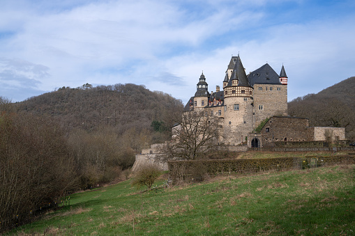 Mayen, Germany - March 10, 2024: Panoramic image of Buerresheim castle close to Mayen on March 10, 2024 in Eifel, Germany
