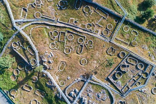 aerial top view with drone of the Citania de Santa Luzia in Viana do Castelo, Portugal. Iron age hillfort and romanization