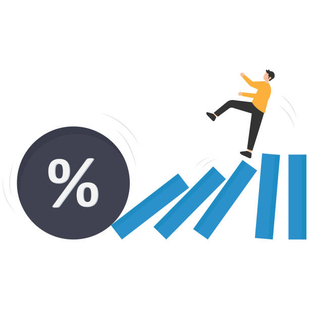 interest rate and inflation percent impact the economy and investment market, federal reserve monetary policy, percentage sign fall to cause domino collapse, causing businessman investor falling - domino despair finance debt stock illustrations