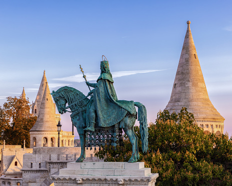 The Statue of Saint Stephen in Budapest, erected and inaugurated in 1906 to commemorate the millennium of the founding of the Hungarian state in honor of the first king of Hungary, created in bronze and stone, pays tribute to the patron saint of the country who brought Christianity and is a symbol of Hungarian identity.